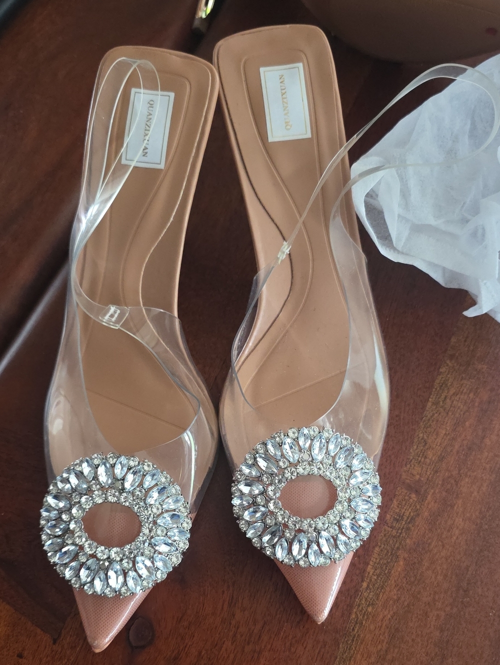 Aquazzura Clear PVC Pointed Toe Flats with Crystal Circle Brooches - Nude